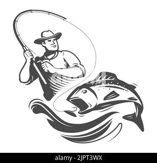 Fisherman caught big fish on spinning rod. Fishing design element for logo, badge or label. Outdoor recreation vector Stock Vector