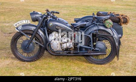 1958 50s, fifties, 1950s MZ-URAL, BMW R71 motorcycles,  Russian wartime heavy motorcycle & sidecar; World War II, Second World War, WWII, WW2. Military vehicle at Lytham 1940's Festival Wartime Weekend 2022 Stock Photo