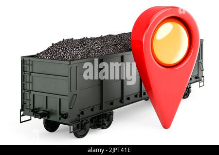 Goods wagon full of coal with map pointer. 3D rendering isolated on white background Stock Photo