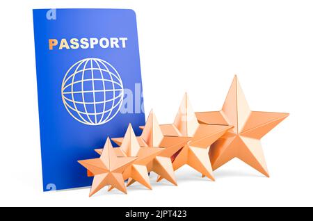 Passport with five golden stars. 3D rendering isolated on white background Stock Photo