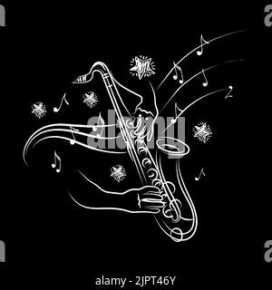 Set of musical elements for the jazz image. Inspirational saxophone playing, hand-drawn doodle. Flying notes and stars. Music. Inspiration. Isolated v Stock Vector