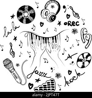 The concept of inspired piano playing, a hand-drawn doodle. A new hit. Microphone. Hands. Keys. Violin key and flying notes. Music. Inspiration. The p Stock Vector