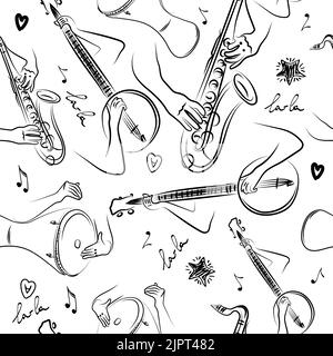 A seamless pattern of hands playing musical instruments, a hand-drawn doodle. Banjo, saxophone and African drum. Flying notes. Music. Inspiration. Fin Stock Vector