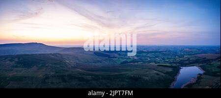 Sunset over Cray Reservoir from a drone, Brecon Beacons, Wales, England Stock Photo