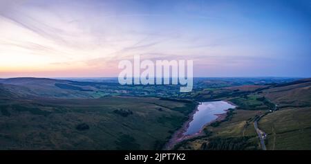 Sunset over Cray Reservoir from a drone, Brecon Beacons, Wales, England Stock Photo