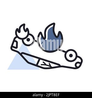 Burning car vector isolated icon. Auto accident, inverted car with fire. Demonstration, protest, strike, revolution, automobile crash Stock Vector