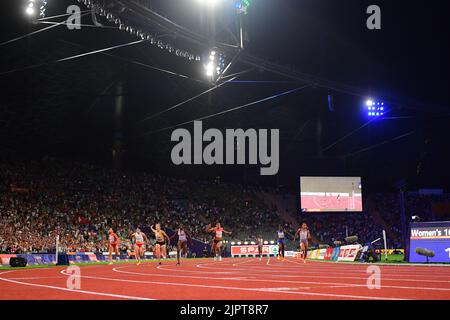 Lunckenkemper Gina of Germany, Kambundji Mujinga of Switzerland, Nieta Daryll of Great Britain, Swoboda Ewa of Poland, Lasiquot Imani of Great Britain, Perez Maria Isabel of Spain, Dosso Zaynab of Italia Team and Asher Smith Dina of Great Britain in action during in final of 100m of European Champhionsh Munich 2022 in Olympiastadion , Munich, Baviera, Germany, 16/08/22 Stock Photo