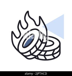 Two lying burning tires revolutionary barricade vector isolated icon. Demonstration, protest, strike, revolution Stock Vector