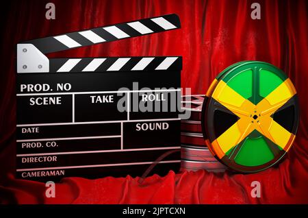 Jamaican cinematography, film industry, cinema in Jamaica, concept. Clapperboard with and film reels on the red fabric, 3D rendering Stock Photo