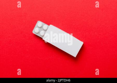 Blank White Product Package Box Mock-up. Open blank medicine drug box with blister top view. Stock Photo