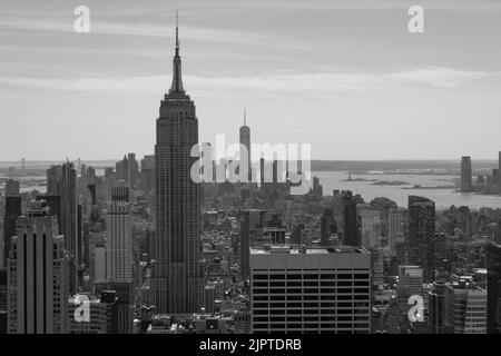 New York City, Skyline, Manhattan, Empire State Building, World Trade Center, Black and White, USA, America, United States, Aerial View, NYC Stock Photo