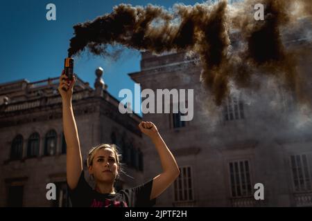 Barcelona, Spain. 20th Aug, 2022. A climate activist holds a smoke bomb protesting the climate change in front of the Catalan Generalita Credit: Matthias Oesterle/Alamy Live News Stock Photo