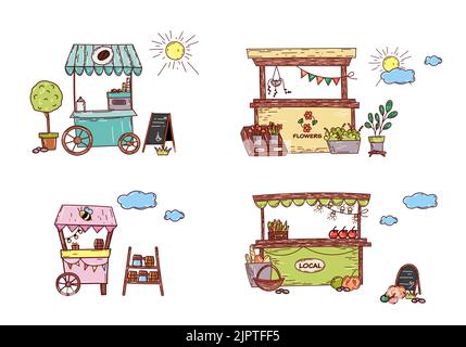 Food market vector set.Stall counter doodle style  Stock Vector