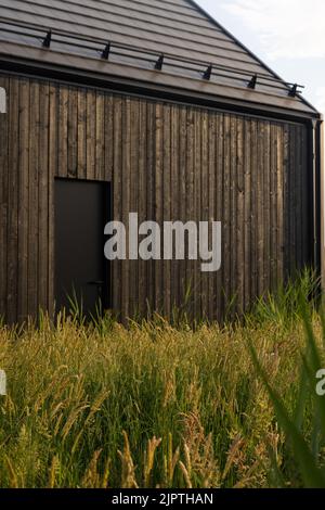 Black wooden house with black door, soft green grass and sedges. Plain Nordic or Scandinavian architecture, wooden wall texture, background Stock Photo