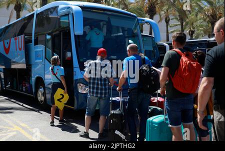 Palma, Spain. 20th Aug, 2022. Travelers line up in front of a TUI bus on the grounds of Palma de Mallorca Airport. Credit: Clara Margais/dpa/Alamy Live News Stock Photo