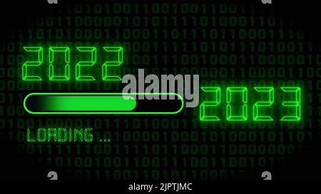 Year change 2023 - progress bar showing loading of the New Year in front of digital background - graphic elements and year digits in green color Stock Photo