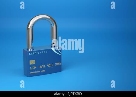 Credit card in the shape of an open padlock with copy space. Security concept. 3d illustration. Stock Photo