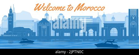 Morocco famous landmark silhouette style behind river and boat and in front of towers,vector illustration Stock Vector