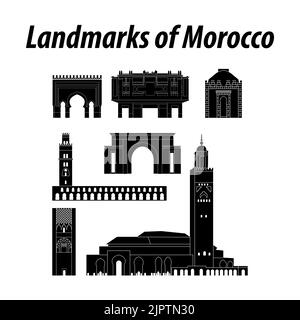Bundle of morocco famous landmarks by silhouette style,vector illustration Stock Vector