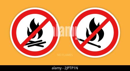 No flames signs. Two prohibition signs with a burning match and campfire symbols are isolated on an orange background. Vector illustration. Stock Vector