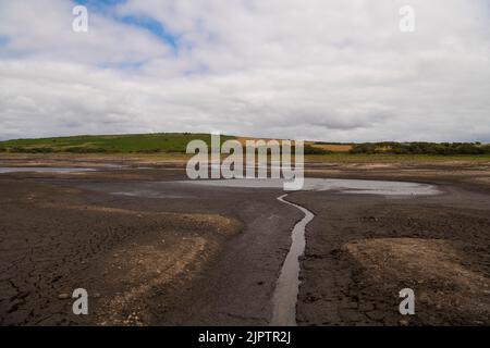 Stithians, Cornwall, UK. 20th Aug 2022. Cornwall drought bans hose pipes on 23 August. Stithians Reservoir is a reservoir situated just under a mile to the west of the village of Stithians, Cornwall, England, UK. According to South West Water, the level of the reservoir on 10 July was 57% of its capacity. Credit: kathleen white/Alamy Live News Stock Photo