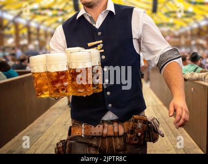 Oktoberfest, Munich. Waiter in traditional Bavarian costume serving beers, close up view. October fest German beer festival. Stock Photo