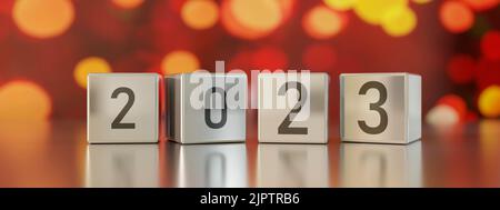 2023 Happy New Year. Number on silver cube block, festive blur bokeh background, reflection, banner. New year eve celebration event, greeting card. 3d Stock Photo