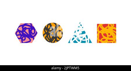 Geometric shapes with grunge texture, sketch. Vector set Stock Vector