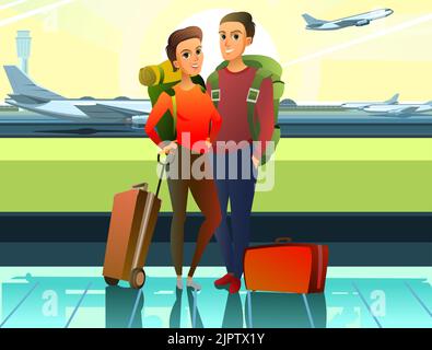 Tourists with backpacks and suitcases. Standing and smiling. In airport with international flights. Boy and girl or husband and wife. Vector Stock Vector