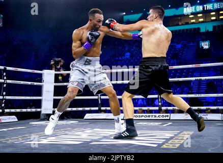 Ben Whittaker (left) in action against Petar Nosic during their Light-Heavyweight contest fight at the King Abdullah Sport City Stadium in Jeddah, Saudi Arabia. Picture date: Saturday August 20, 2022. Stock Photo