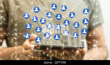 A 3d rendering of connected profile icons floating on a phone Stock ...