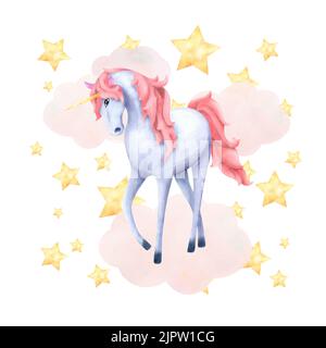 A composition with a magical unicorn in clouds with stars painted in watercolor and isolated on a white background. For design, postcards, prints, inv Stock Photo