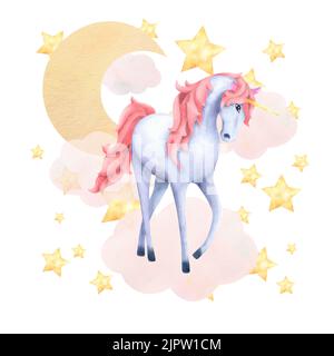 A composition with a magical unicorn in clouds with a rainbow painted ...