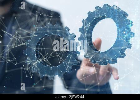 A finger pointing on a floating 3d digital illustration of a global network - the concept of data stream and cybersecurity Stock Photo