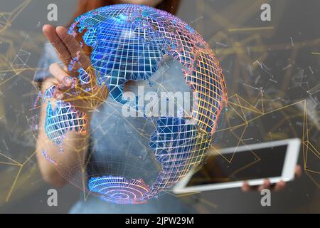 A finger pointing on a floating 3d digital illustration of a global network - the concept of data stream and cybersecurity Stock Photo