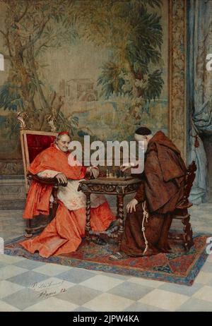The Game of Chess by Publio de Tommasi, 1882, watercolor Stock Photo