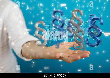 A 3d render of paragraph symbols floating over a hand on a blue background Stock Photo