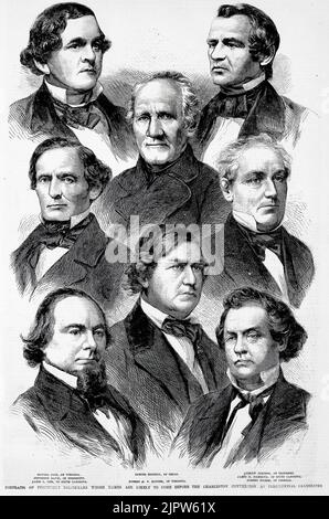 Portraits of prominent politicians whose names are likely to come before the 1860 Charleston Democratic National Convention as Presidential candidates - Howell Cobb, Jefferson Davis, James L. Orr, Samuel Houston, Robert M. T. Hunter, Andrew Johnson, James H. Hammond, Robert Toombs. 19th century illustration from Frank Leslie's Illustrated Newspaper Stock Photo