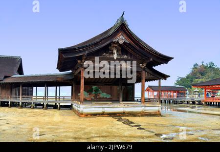 Shin Noh, Japanese theater stage at Itsukushima shinto temple, Miyajima island, Hiroshima Prefecture, Japan. Stock Photo