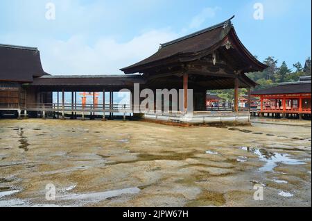 Shin Noh, Japanese theater stage at Itsukushima shinto temple, Miyajima island, Hiroshima Prefecture, Japan. Stock Photo