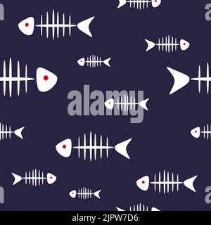 Fish bones seamless pattern. White fishbones isolated on dark blue. Vector background Stock Vector