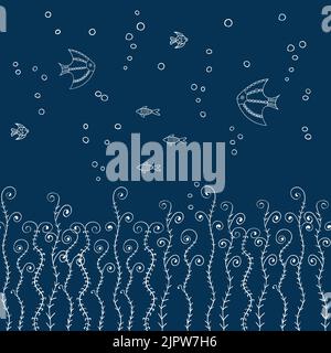 Seamless horizontal pattern with abstract fish and seaweeds. Vector doodle background Stock Vector