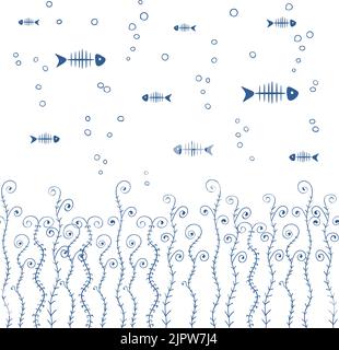 Horizontal seamless pattern with fishbones and abstract doodle seaweeds. Vector background Stock Vector