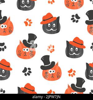 Watercolor cute cats seamless pattern in black and orange. Vector background with funny cats heads Stock Vector