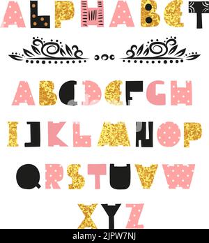 Cute Alphabet design. Hand drawn font in pink, black and sparkling gold colors Stock Vector