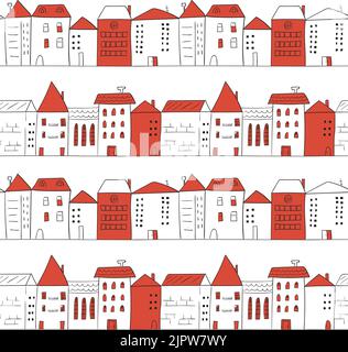 Doodle city seamless pattern in white and red colors. Vector background with hand drawn houses. Sketch cityscape Stock Vector