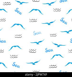 Sea seamless pattern. Watercolor seagulls silhouettes and doodle waves. Vector sea background Stock Vector