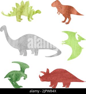 Watercolor dinosaurs silhouettes. Set of dinosaurs isolated on white background Stock Vector