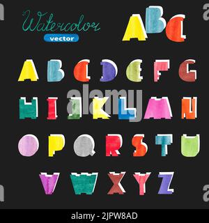 Colorful watercolor alphabet. Hand drawn letters. ABC design. Vector alphabet Stock Vector
