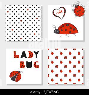 Cute ladybugs set. Collection of ladybirds seamless pattern and characters. Vector backgrounds for your design Stock Vector